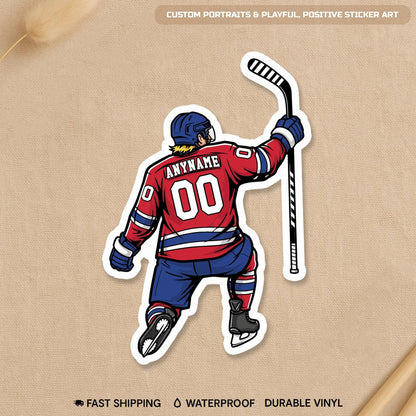 Custom hockey player slap shot sticker with a name and number