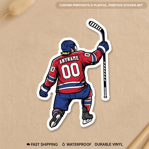 Custom hockey player slap shot sticker with a name and number