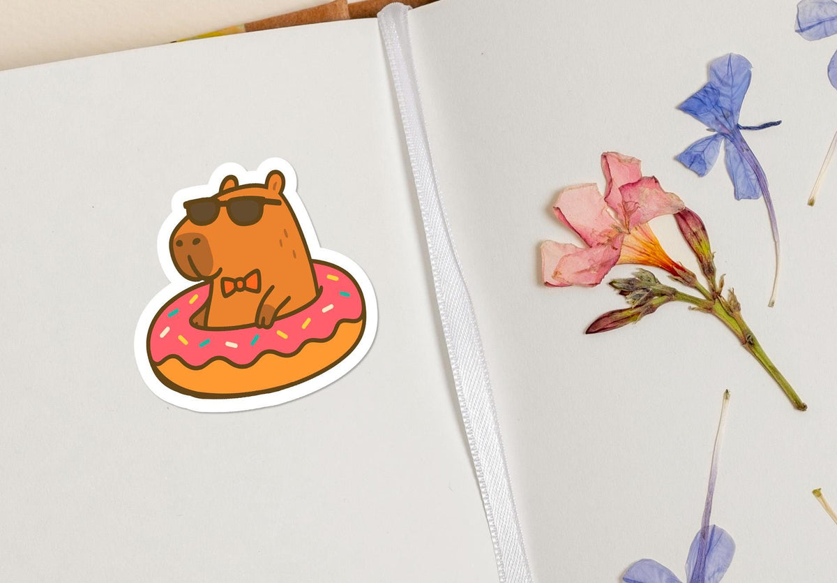 Capybara with Sunglasses in Donut Floatie: for or Water Bottle sticker – view 4