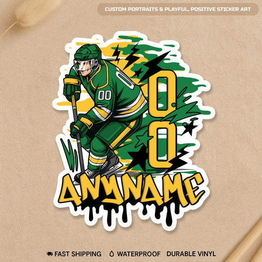 Custom hockey player sticker with a name and number in two colors