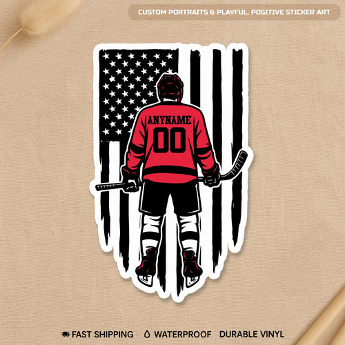 Custom hockey player sticker with a flag, name and number