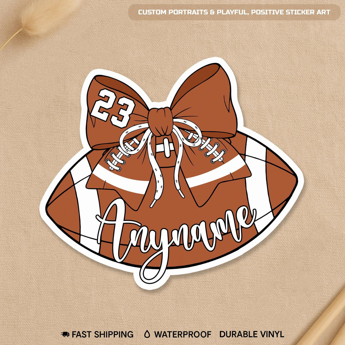 Custom football sticker with a bow, name and number
