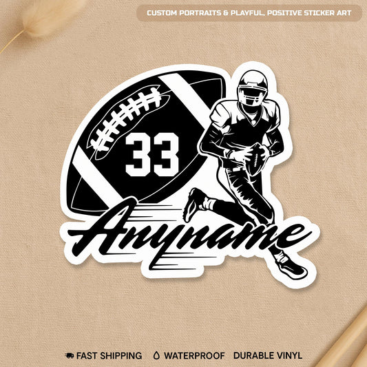 Custom football game day player sticker with a name and number