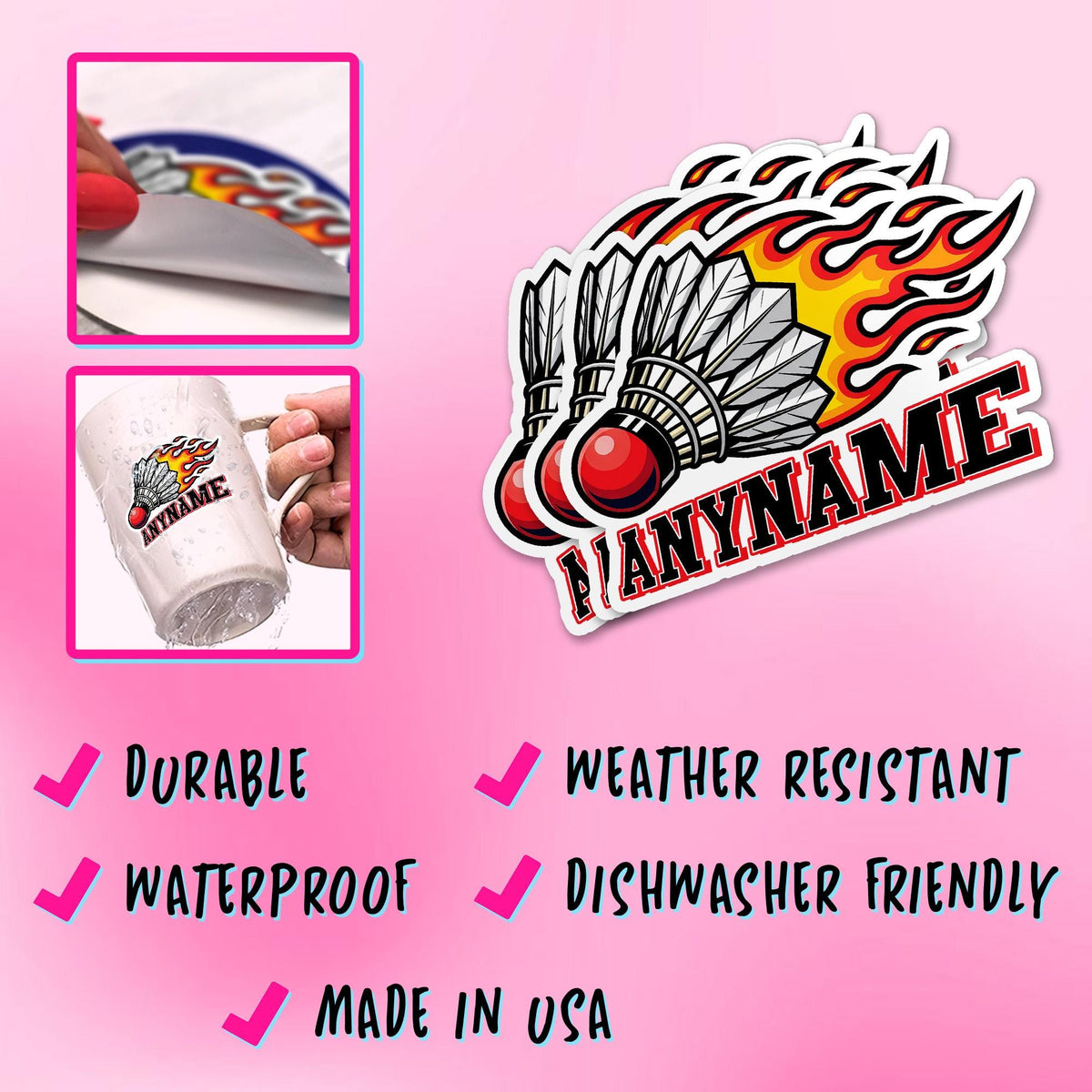 Custom badminton sticker with flames and a name – view 3