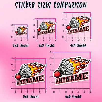 Custom badminton sticker with flames and a name – view 2