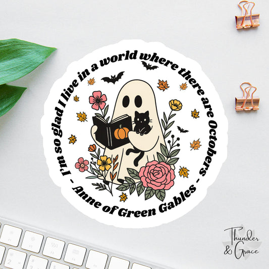Anne of Green Gables sticker, spooky halloween ghost reading