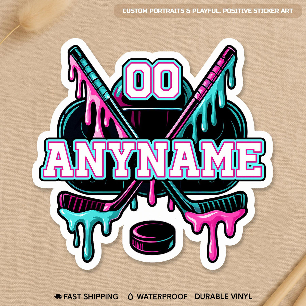 Custom ice hockey drip sticker with a name and number