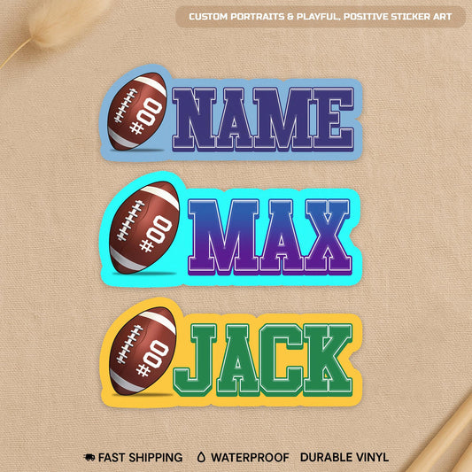 Custom football sticker with a name and number plus an outline color