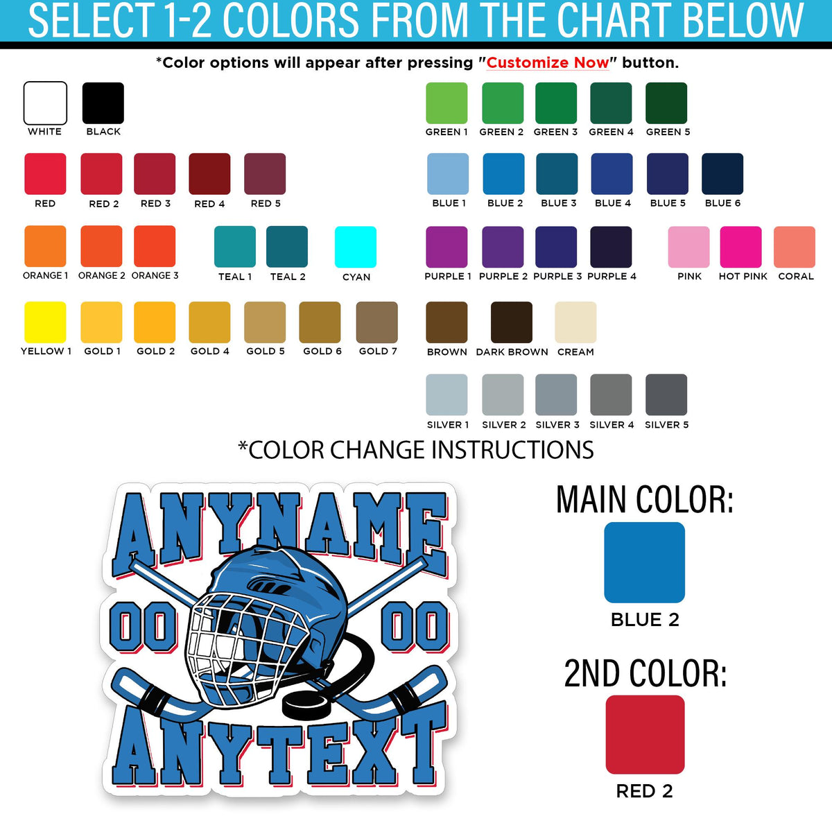 Custom hockey decal with a name, number and extra text – view 2
