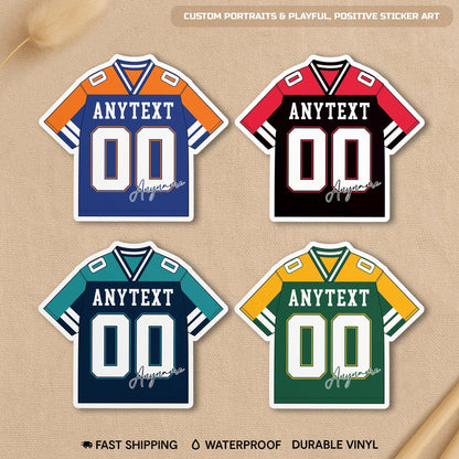 Custom football team shirt sticker with a name, number and extra text