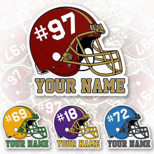 Custom football helmet sticker with a name and number in two colors