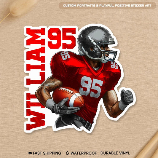Custom football player sticker with a name, number and jersey colors