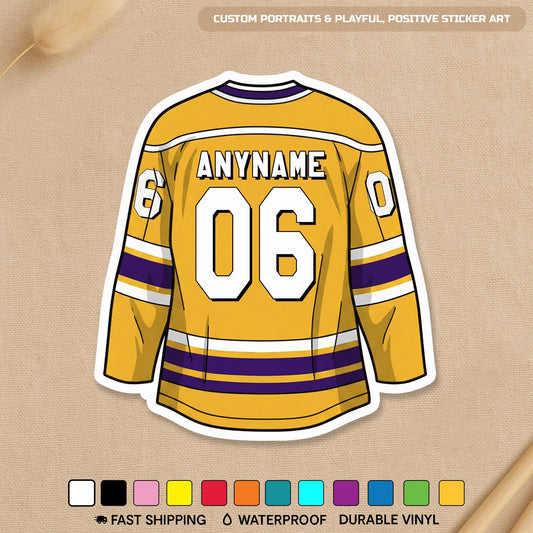 Custom hockey player jersey sticker with a name and number in two colors