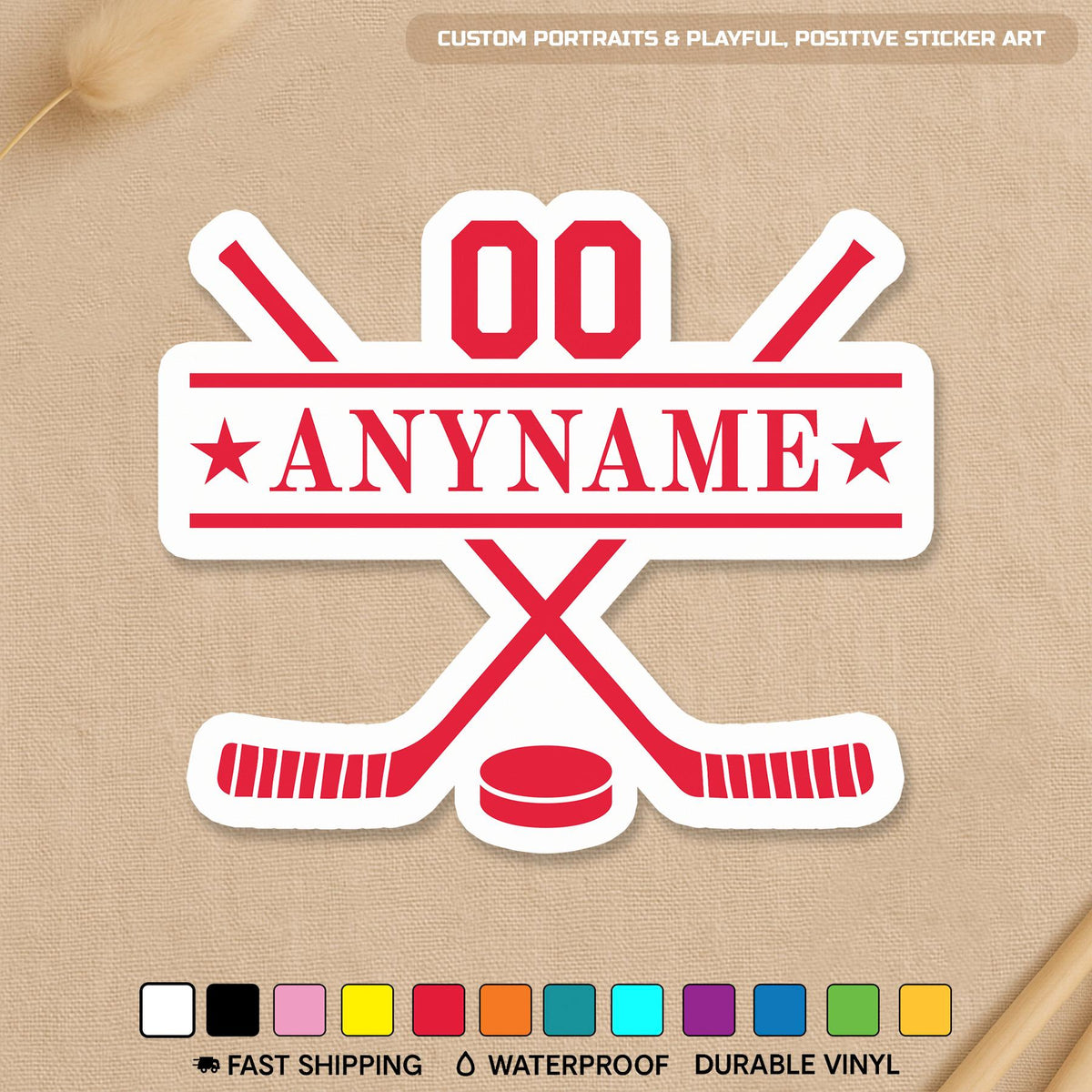 Custom hockey stick sticker with a name and number