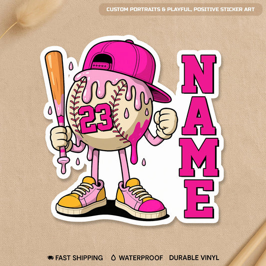 Custom baseball drip sticker with a name and number in two colors