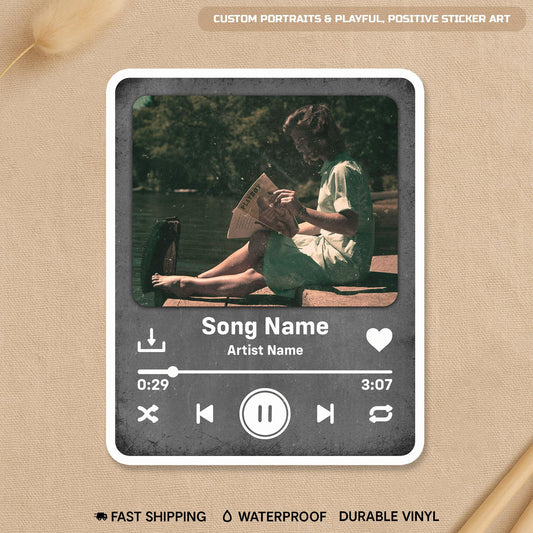 Custom music player style sticker with a photo, song name and artist line