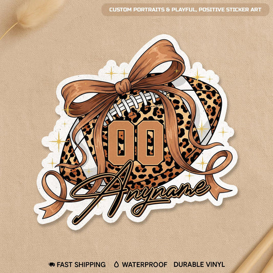 Custom preppy leopard football sticker with a bow, name and number