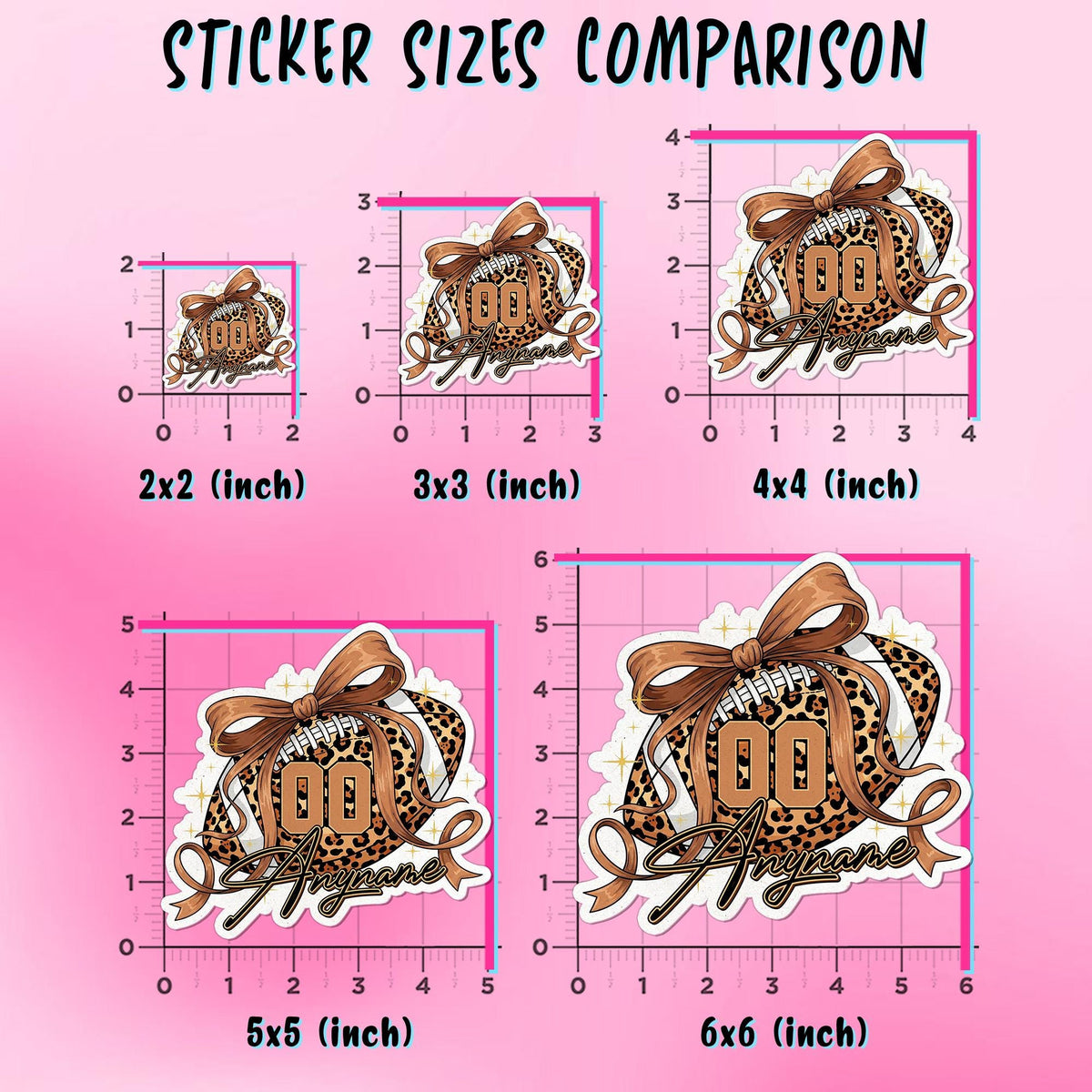 Custom preppy leopard football sticker with a bow, name and number – view 2