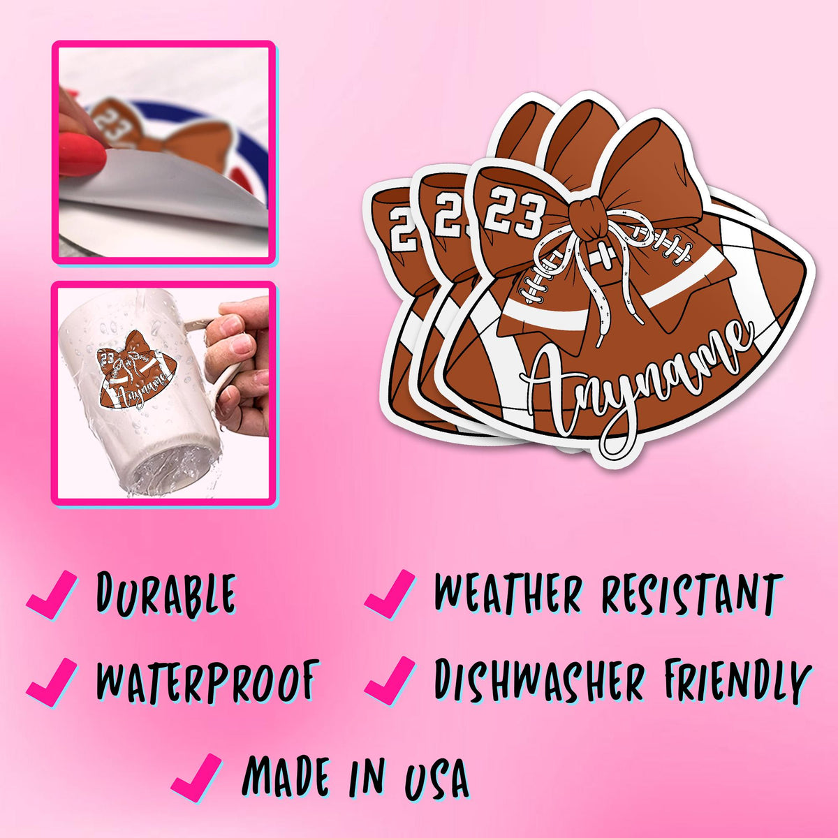 Custom football sticker with a bow, name and number – view 3