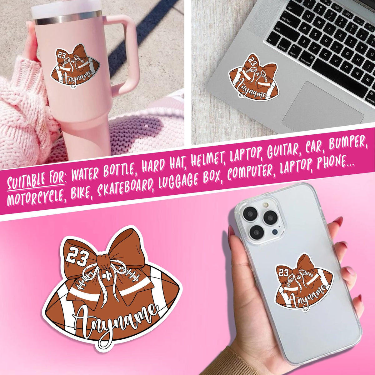 Custom football sticker with a bow, name and number – view 4