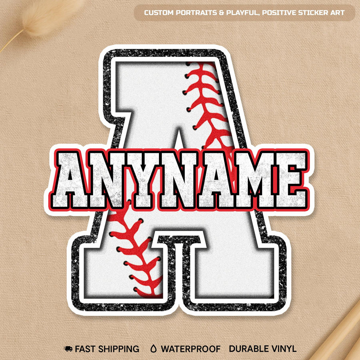 Custom baseball sticker with a stitched initial and a name