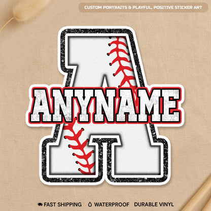 Custom baseball sticker with a stitched initial and a name