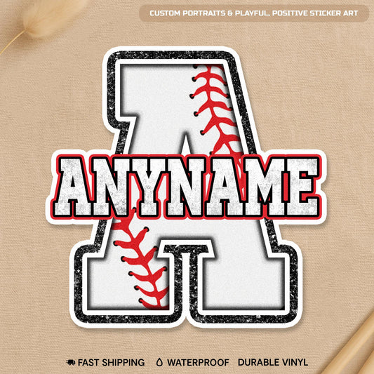 Custom baseball sticker with a stitched initial and a name