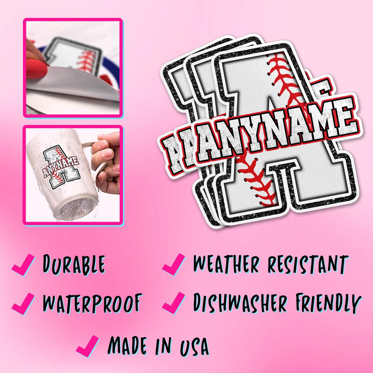 Custom baseball sticker with a stitched initial and a name – view 5