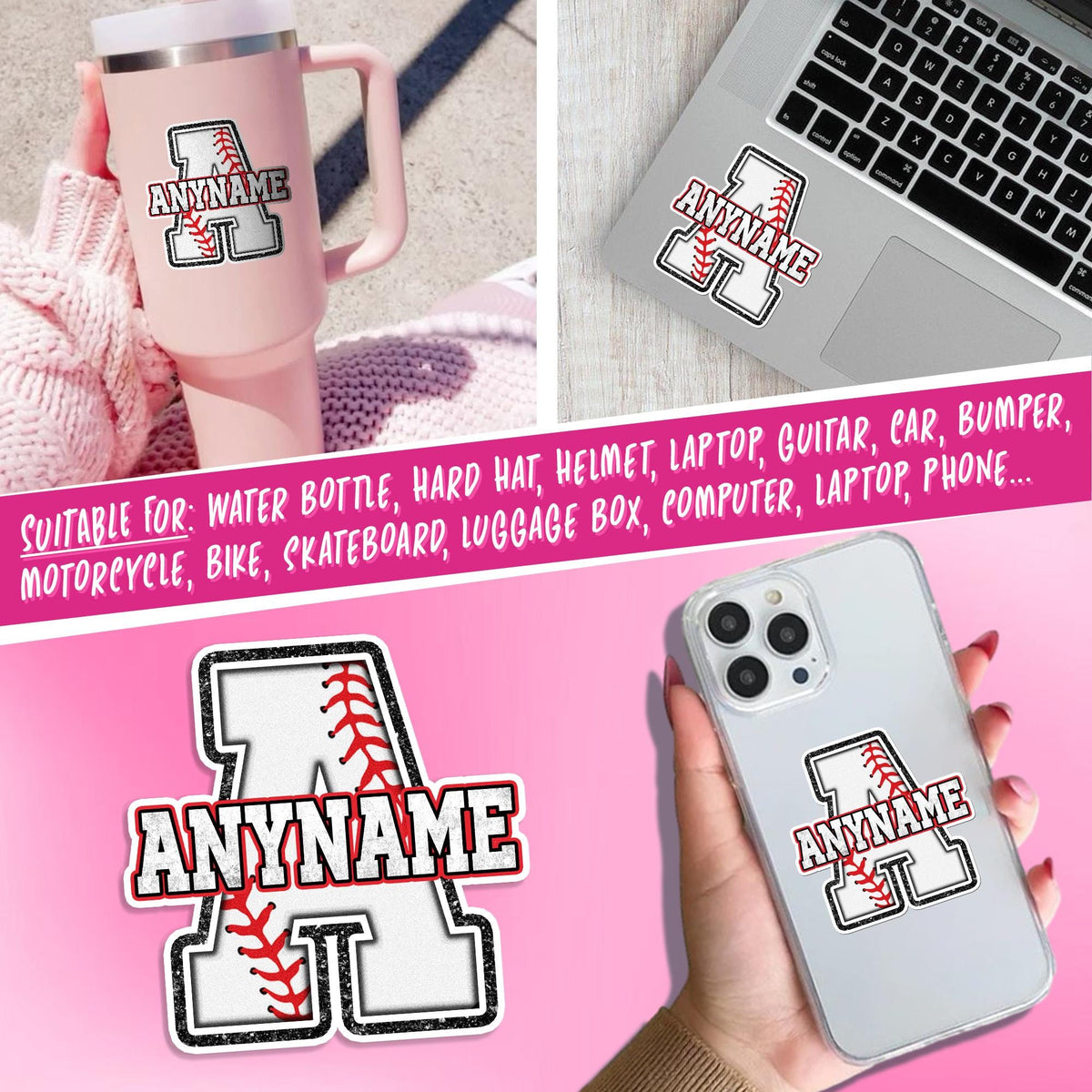 Custom baseball sticker with a stitched initial and a name – view 6