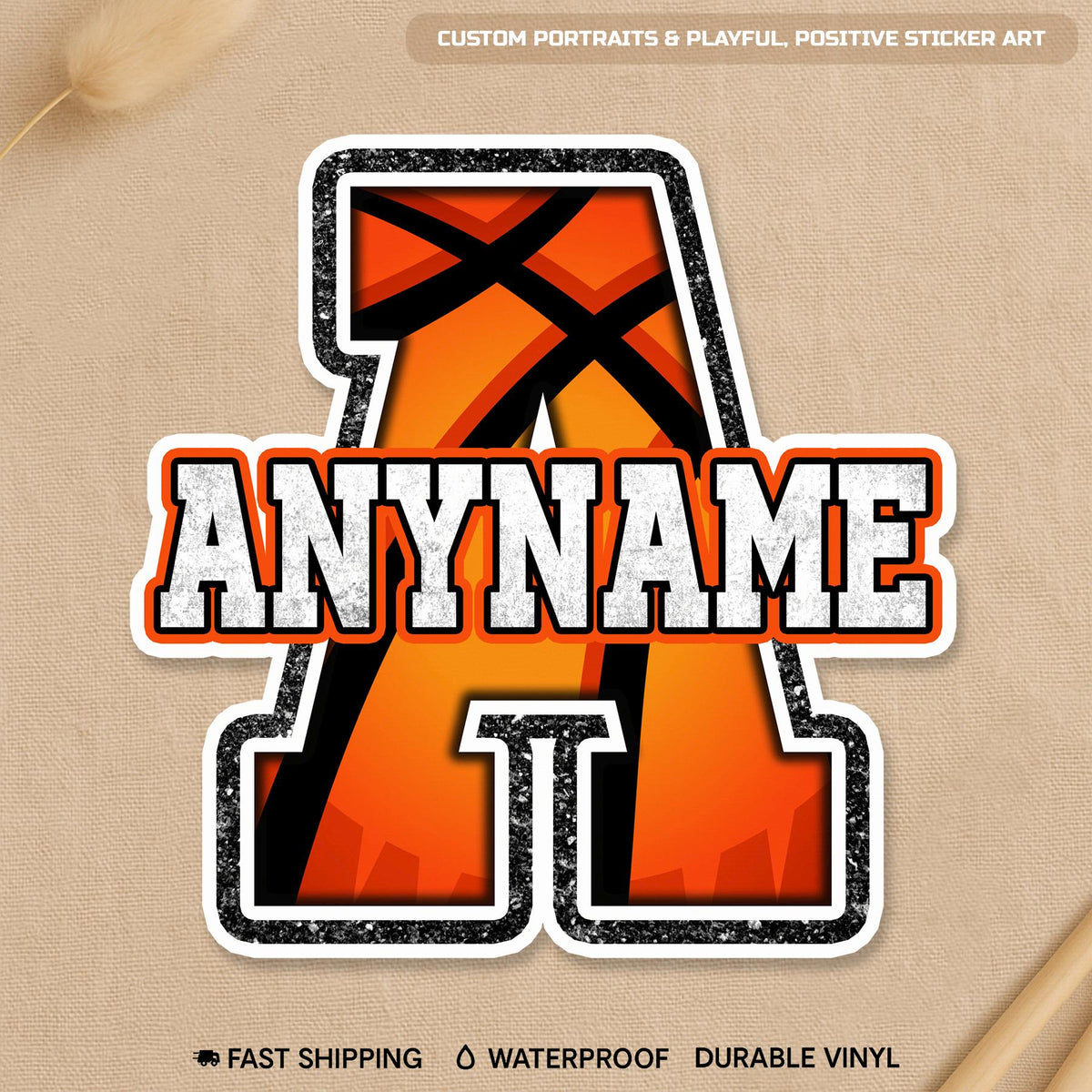 Custom basketball sticker with a big initial and a name