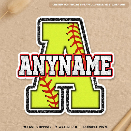 Custom softball sticker with a big softball-textured initial and a name