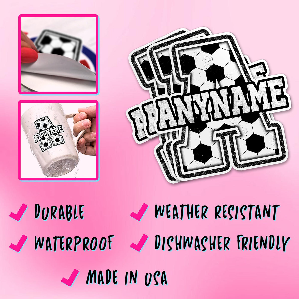 Custom soccer sticker with a big initial and a name – view 3
