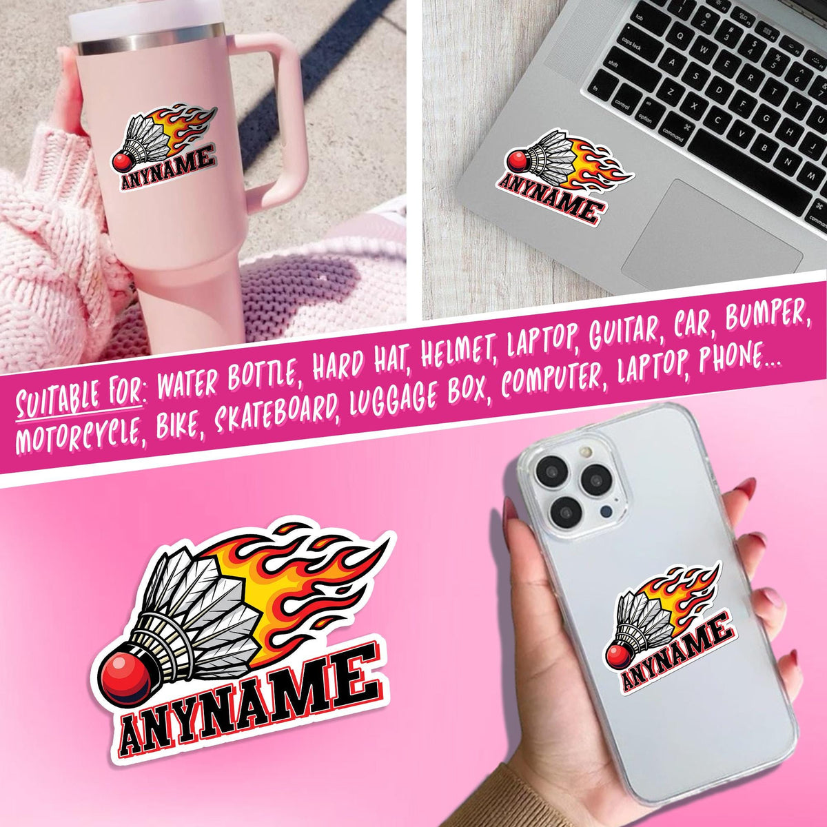 Custom badminton sticker with flames and a name – view 4