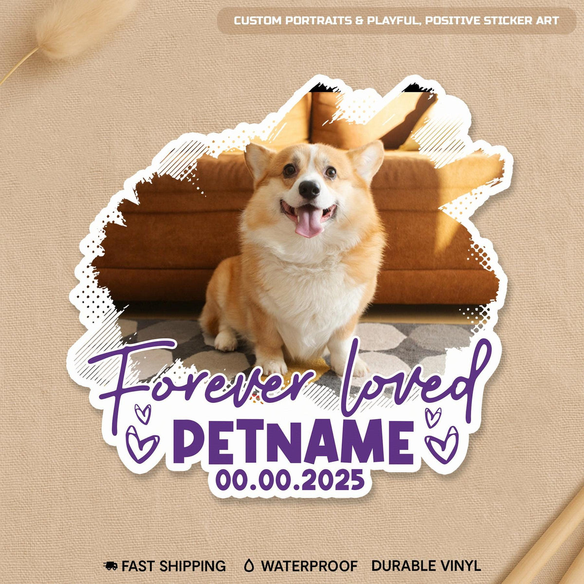 Custom dog memorial sticker with a photo in a paw print heart, name and years