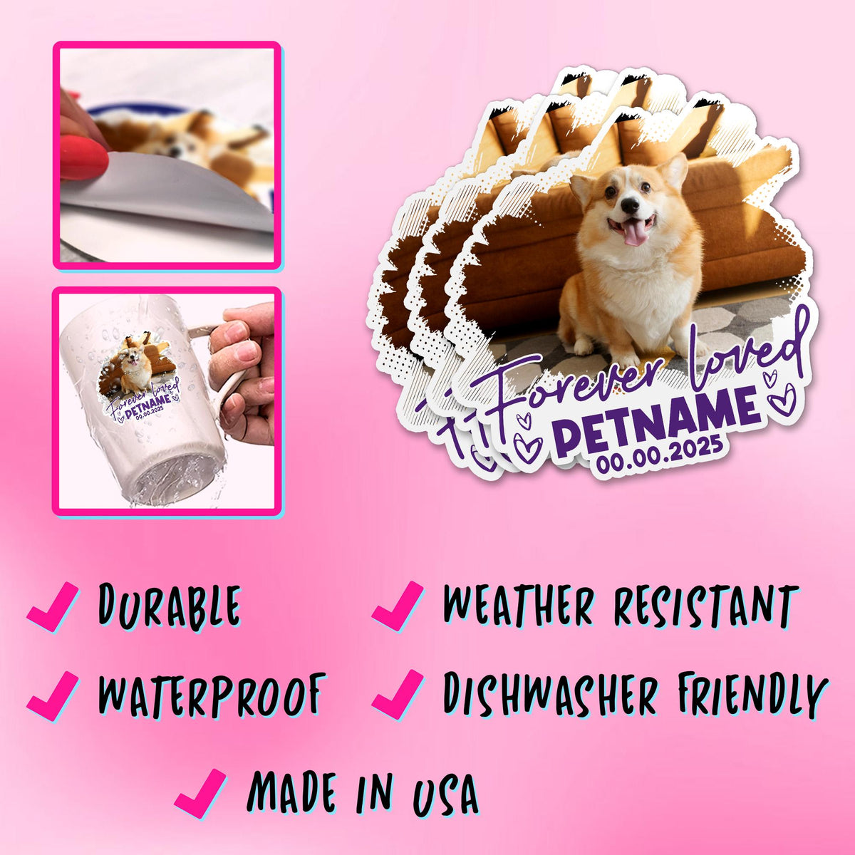 Custom dog memorial sticker with a photo in a paw print heart, name and years – view 7