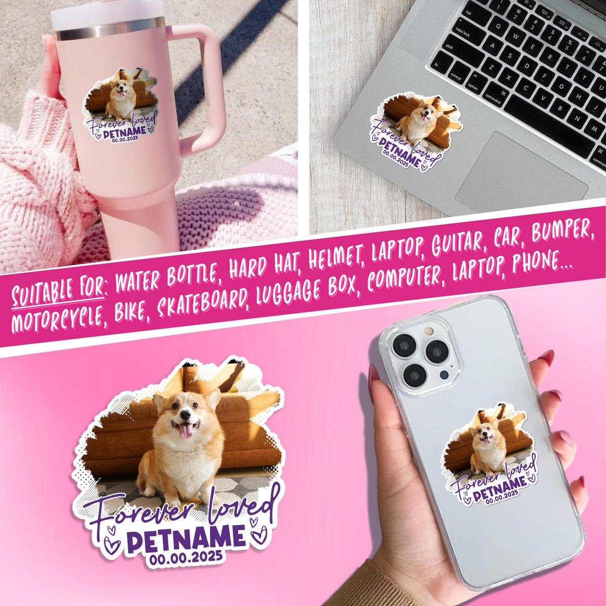 Custom dog memorial sticker with a photo in a paw print heart, name and years – view 4