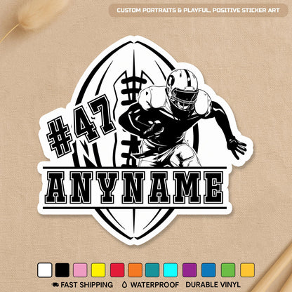 Custom football player in action sticker with a name and number