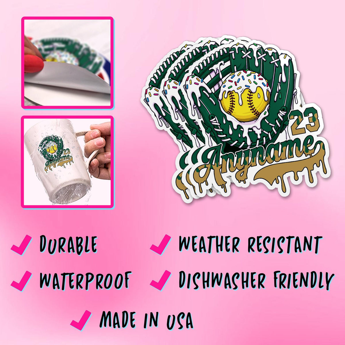 Custom drip sticker with a baseball or softball glove, name and number – view 8