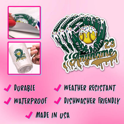 Custom drip sticker with a baseball or softball glove, name and number – view 8