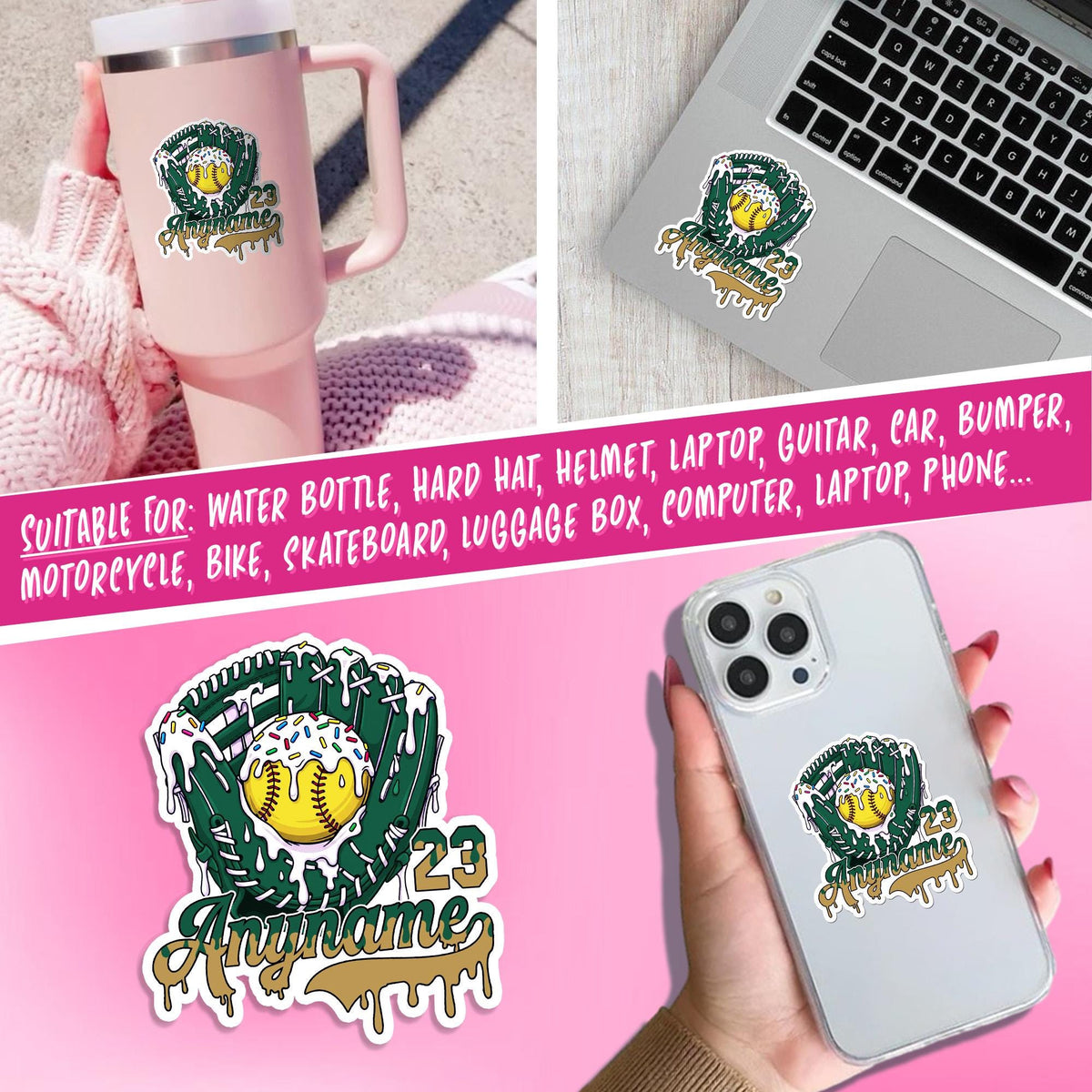 Custom drip sticker with a baseball or softball glove, name and number – view 7