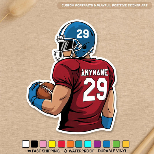 Custom football player sticker with a name, number, jersey color and second color