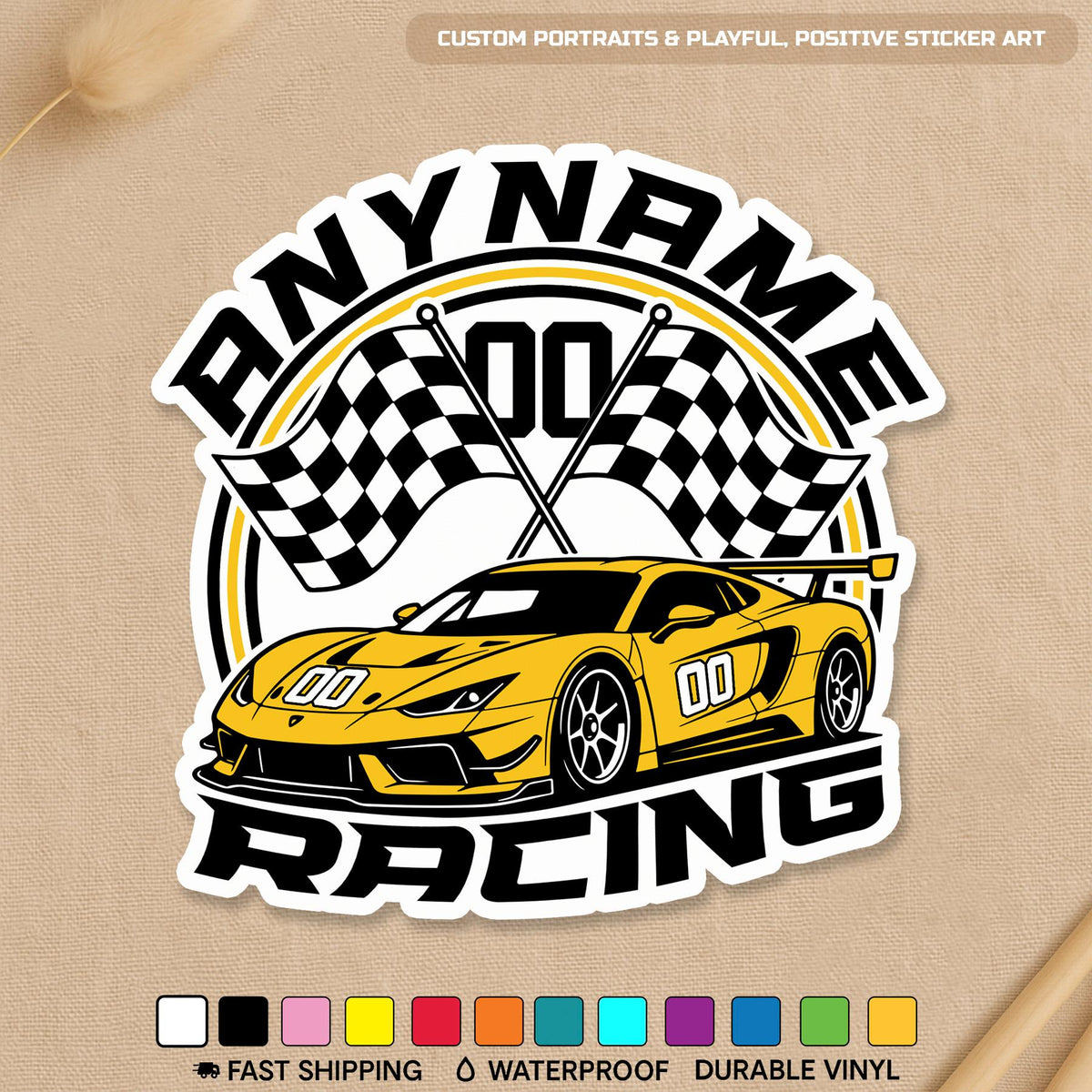 Custom speedy motorsport car sticker with a name and number
