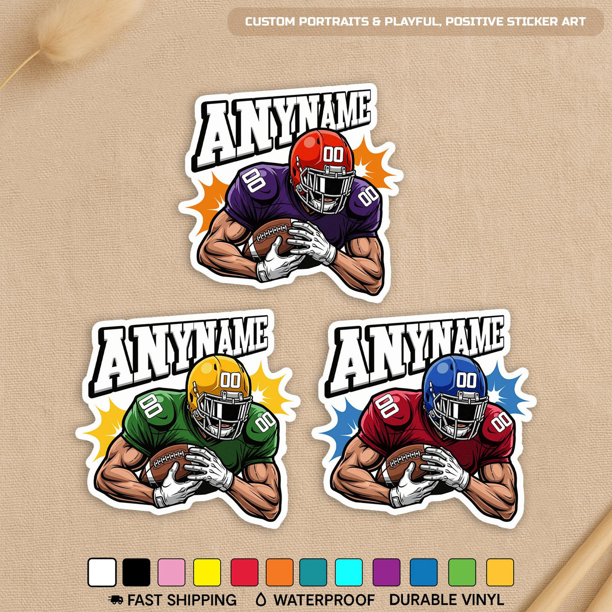 Custom football player sticker with a name, number and two colors