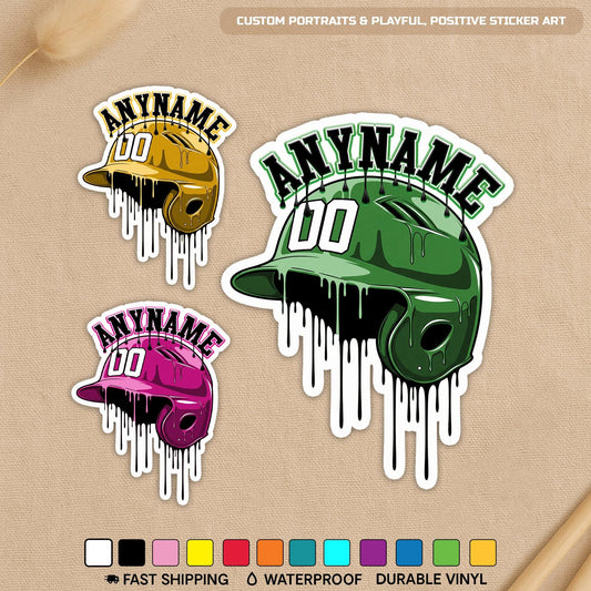 Custom baseball helmet drip sticker with a name and number