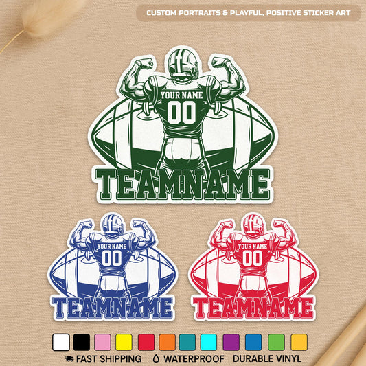 Custom football player sticker with a name, number and team name