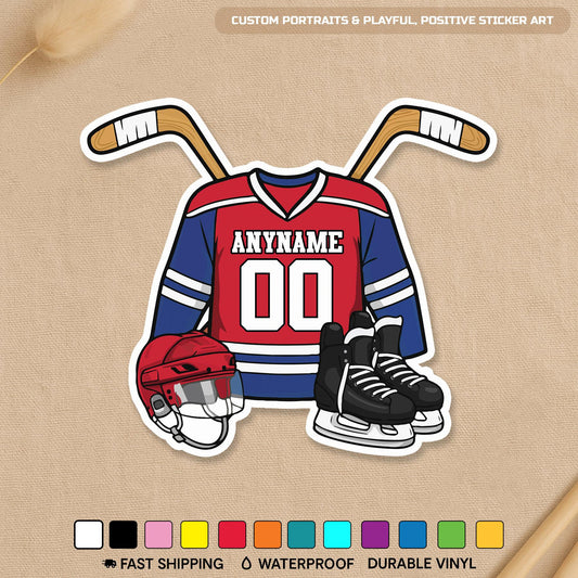 Custom hockey jersey sticker with a name, number and details color