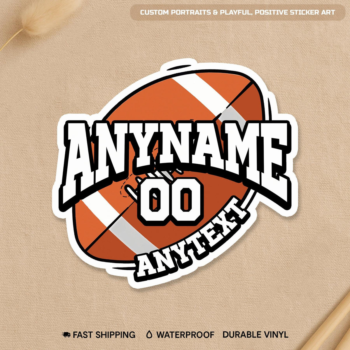 Custom senior football player sticker with a name, number and extra text