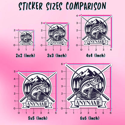 Custom fishing name sticker with a mountain, leaping fish and crossed rods – view 3