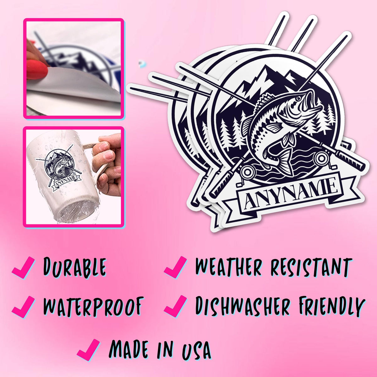 Custom fishing name sticker with a mountain, leaping fish and crossed rods – view 7