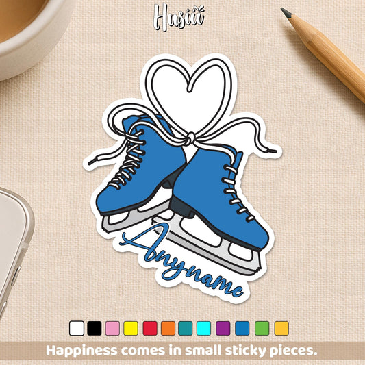 Custom ice skating sticker with blue skates, a heart lace and a name